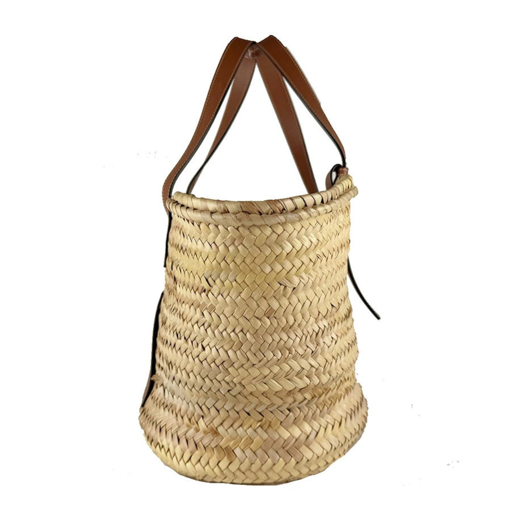 Loewe Leather Handbag Silver Basket Brown Raffia Bag Silver Brown